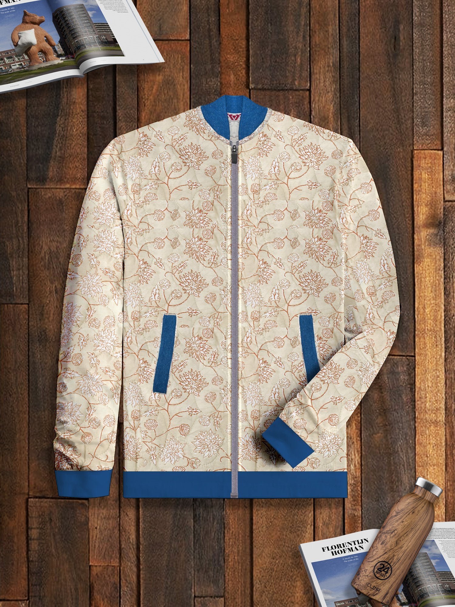 TH Quilted Zipper Baseball Jacket For Kids-Allover Print with Cyan-BE15276