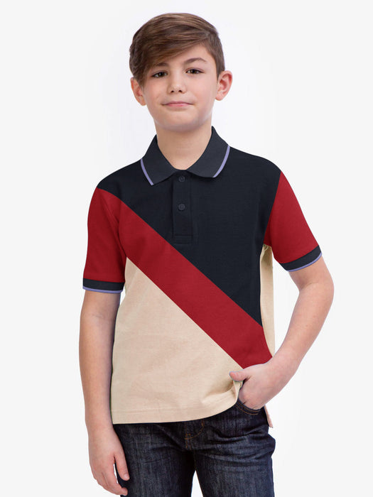 Summer Panel Polo Shirt For Kids-Peach with Red & Navy-RT2408