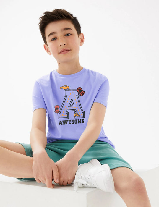Summer Single Jersey Crew Neck Tee Shirt For Kids-Light Blue With Print-BE17029