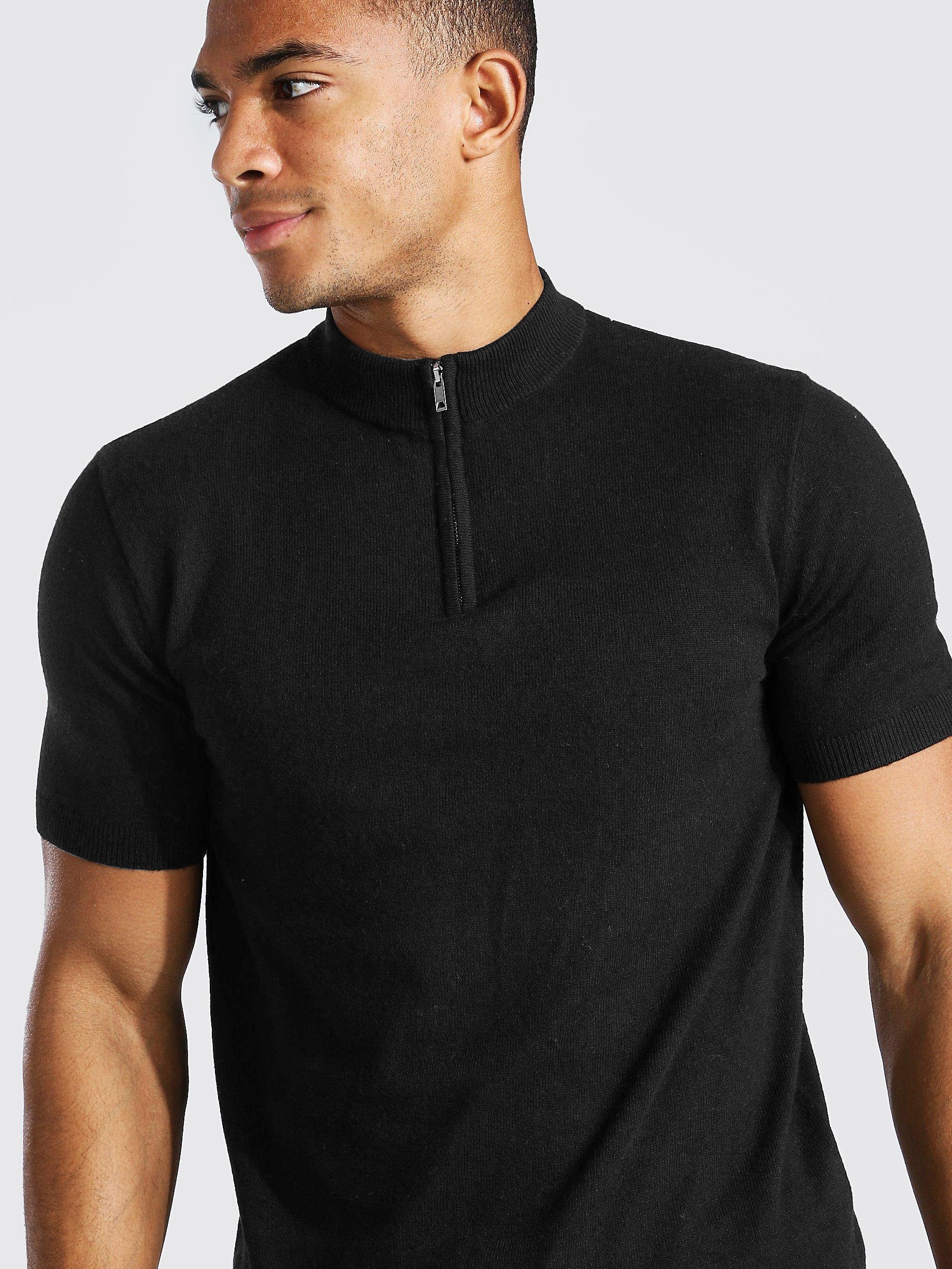 Sixteen Fashion Short Sleeve Half Zip Turtle Neck Sweater-Black-RT2198