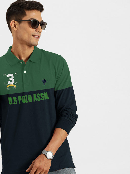 U.S.P.A Long Sleeve Polo Shirt For Men-Green & Navy-SP6446