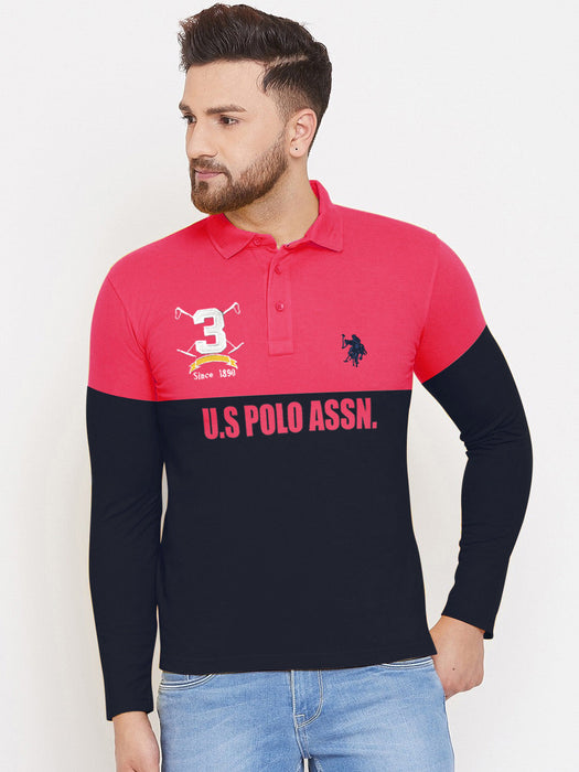 U.S.P.A Long Sleeve Polo Shirt For Men-Pink & Navy-SP6449
