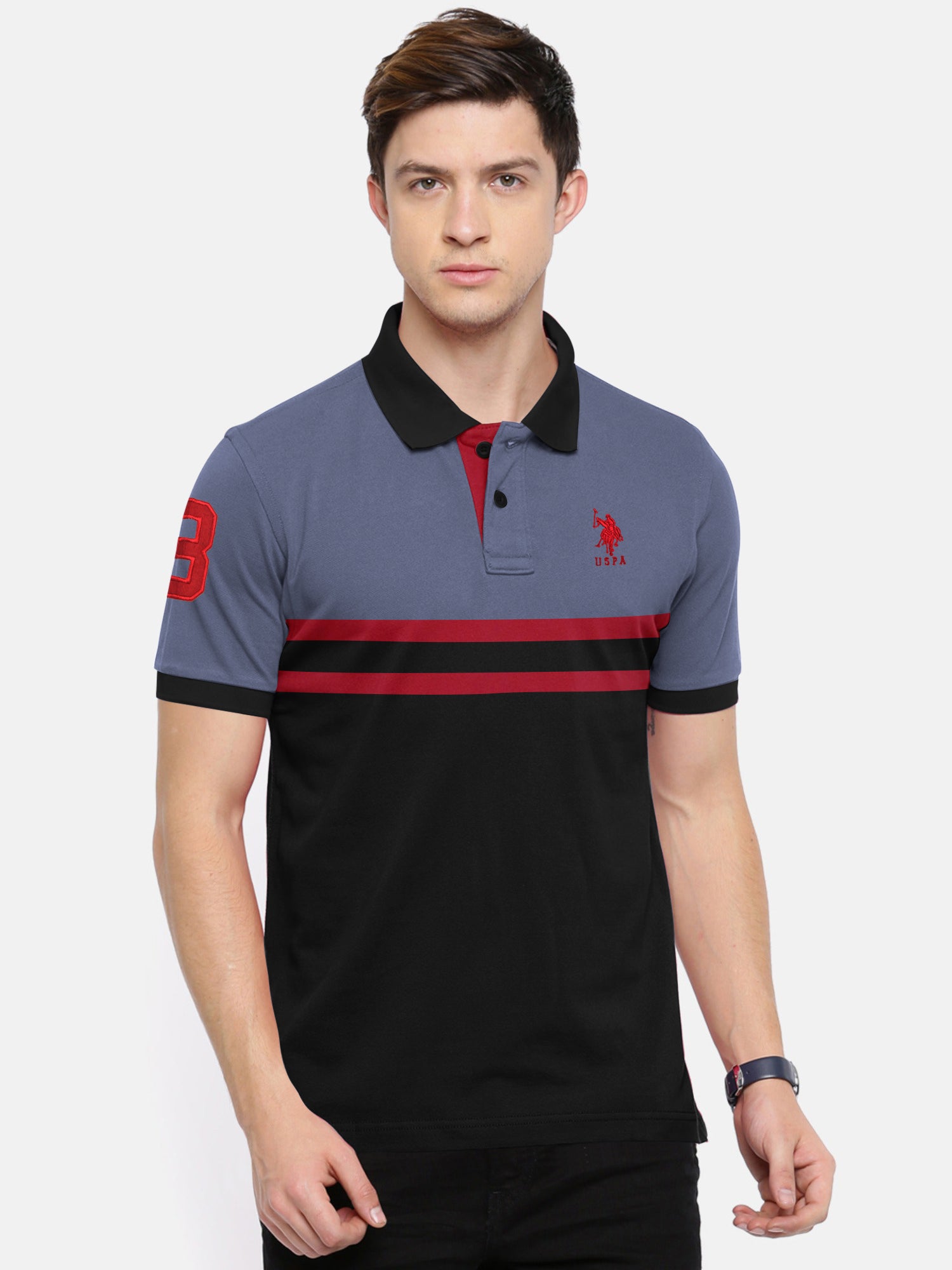 U.S.P.A Stylish Pique Summer Polo For Men-Slate Blue with Black Panel & Red Stripe-RT788