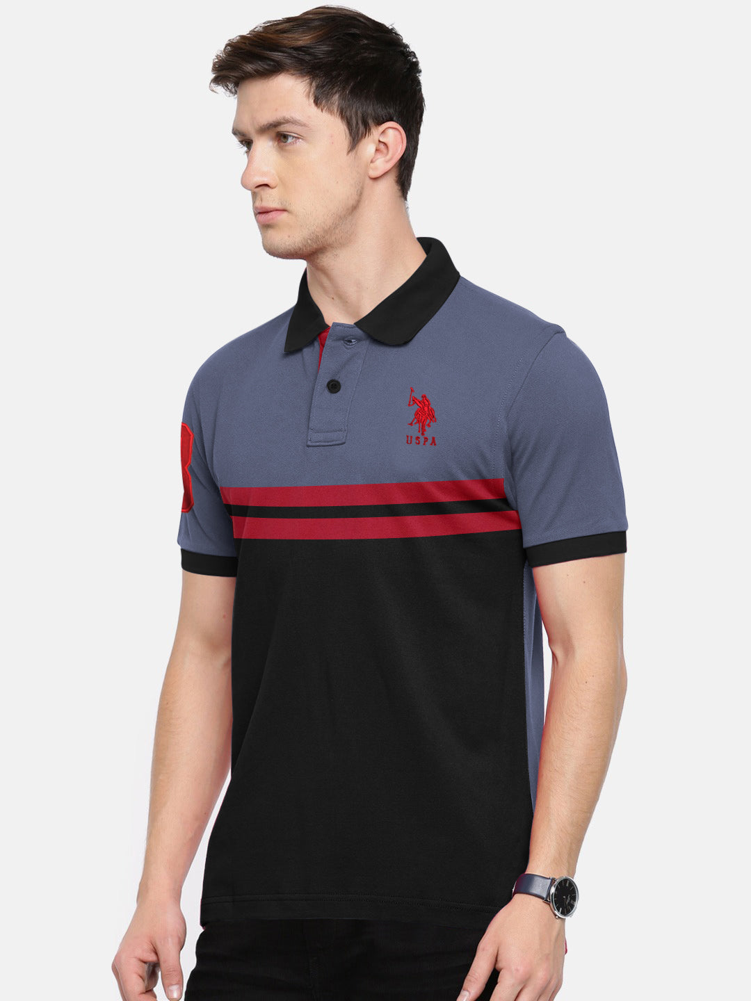 U.S.P.A Stylish Pique Summer Polo For Men-Slate Blue with Black Panel & Red Stripe-RT788