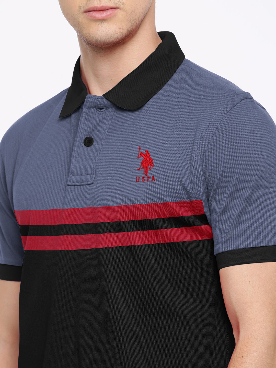 U.S.P.A Stylish Pique Summer Polo For Men-Slate Blue with Black Panel & Red Stripe-RT788