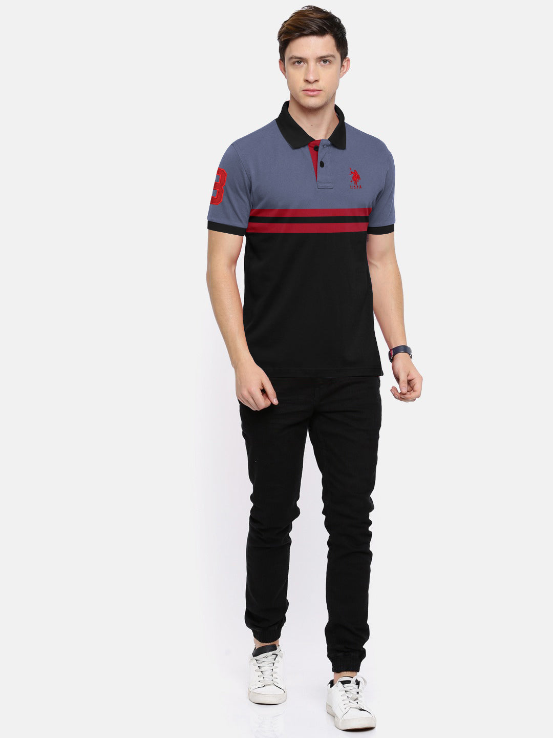 U.S.P.A Stylish Pique Summer Polo For Men-Slate Blue with Black Panel & Red Stripe-RT788