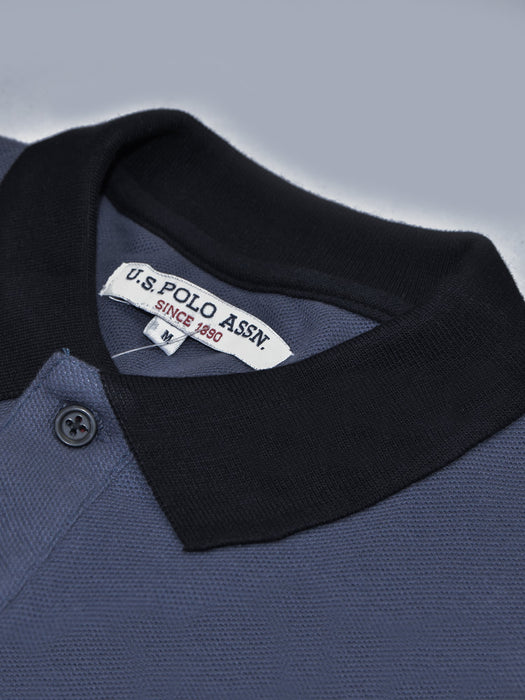 U.S.P.A Stylish Pique Summer Polo For Men-Slate Blue with Black Panel & Red Stripe-RT788