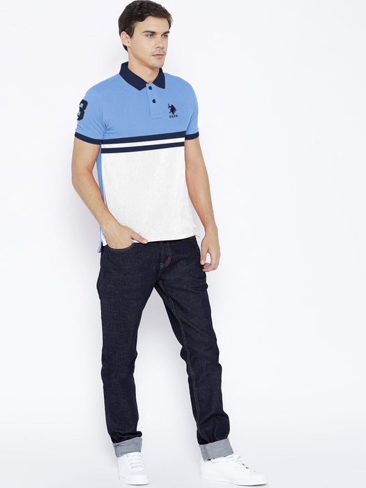 U.S.P.A Stylish Pique Summer Polo For Men-Dark Sky with White & Navy Stripe-RT787