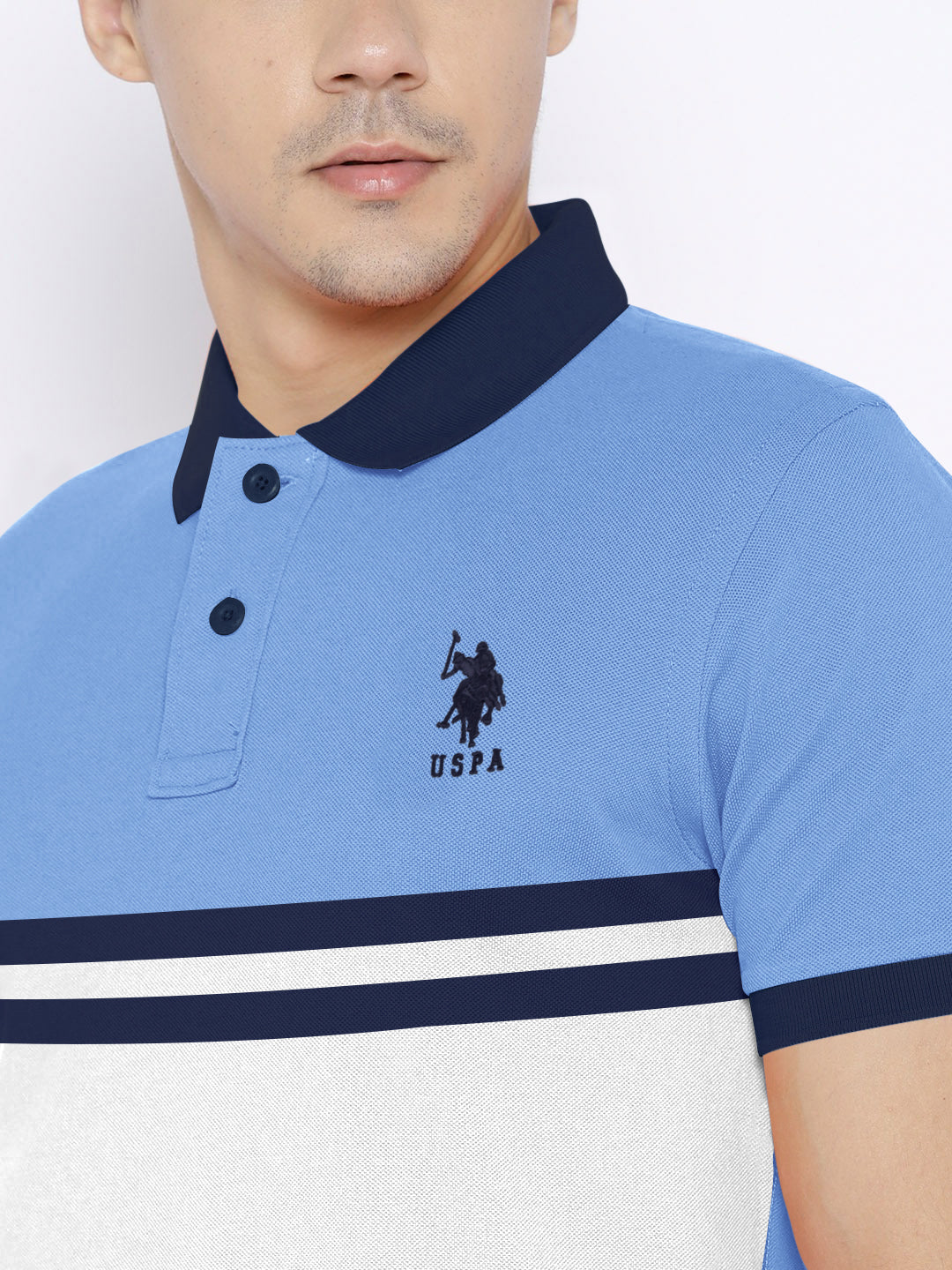 U.S.P.A Stylish Pique Summer Polo For Men-Dark Sky with White & Navy Stripe-RT787