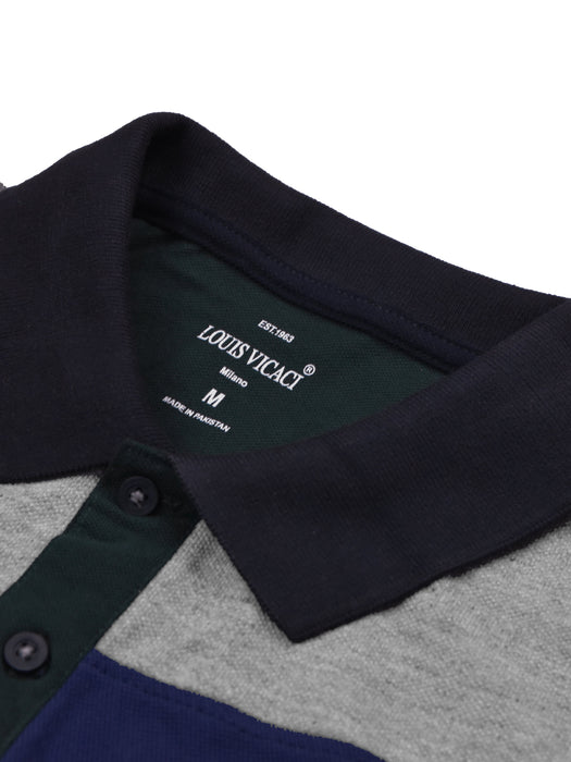 Summer Polo Shirt For Men-Dark Green with Blue & Grey Melange-RT773