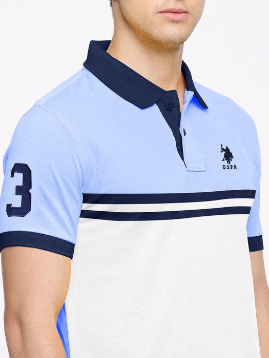 U.S.P.A Stylish Pique Summer Polo For Men-Light Sky with White Panel & Navy Stripe-RT786