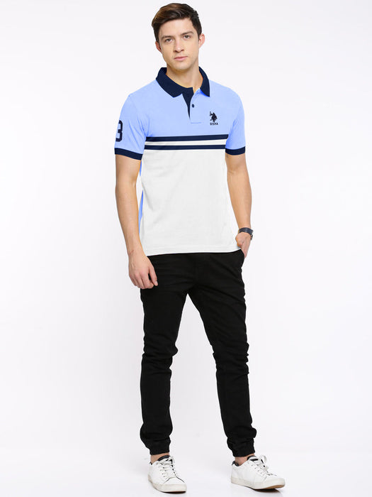 U.S.P.A Stylish Pique Summer Polo For Men-Light Sky with White Panel & Navy Stripe-RT786