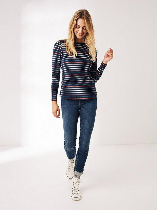 Nxt Long Sleeve Crew Neck Jersey Lycra Strech Blouse For Ladies-Navy With Stripes-RZ24