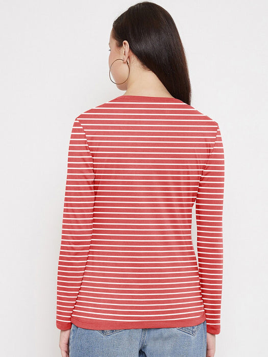 Nxt Long Sleeve Crew Neck Jersey Lycra Strech Blouse For Ladies-Red With Stripes-RZ22
