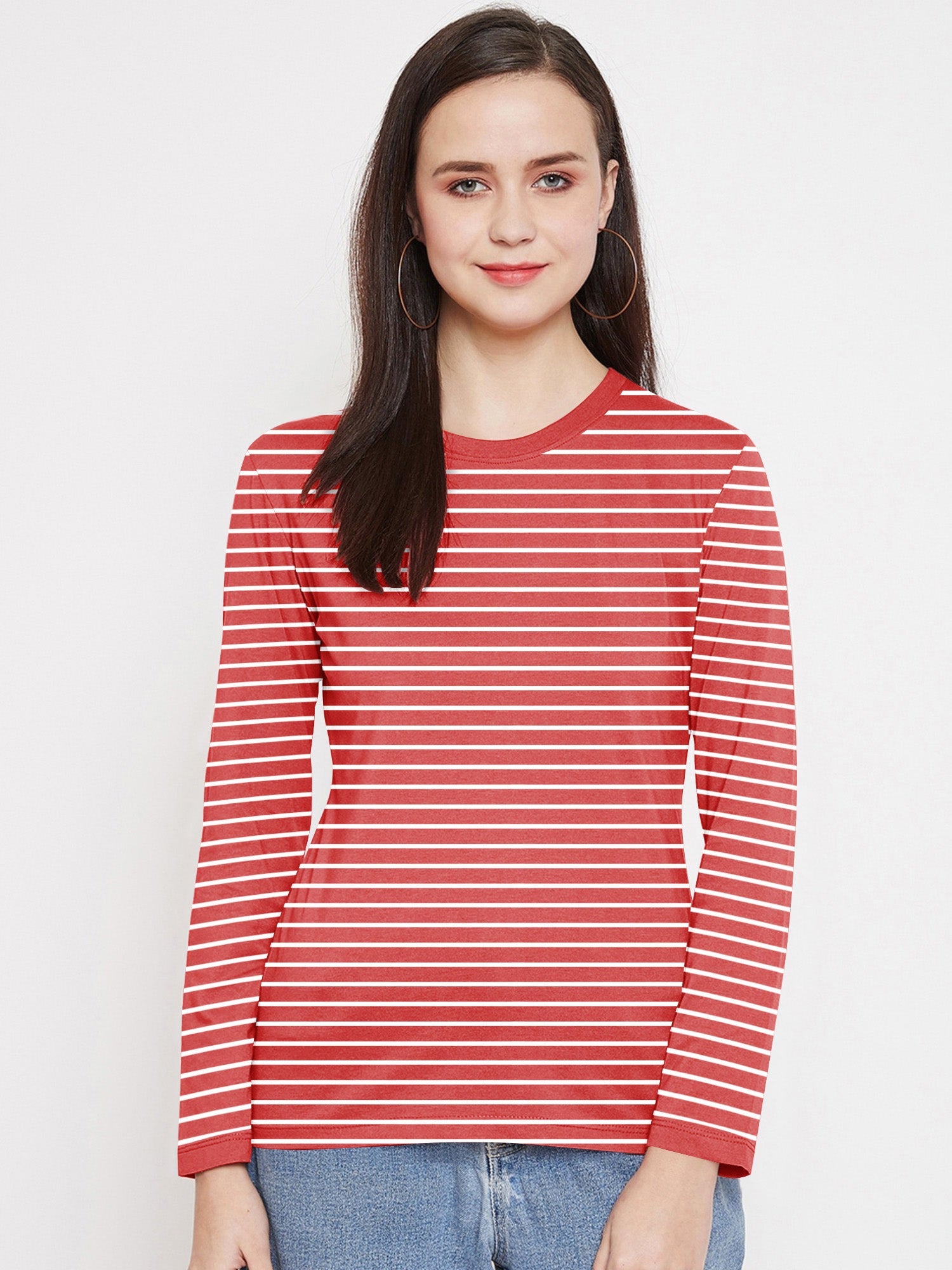 Nxt Long Sleeve Crew Neck Jersey Lycra Strech Blouse For Ladies-Red With Stripes-RZ22
