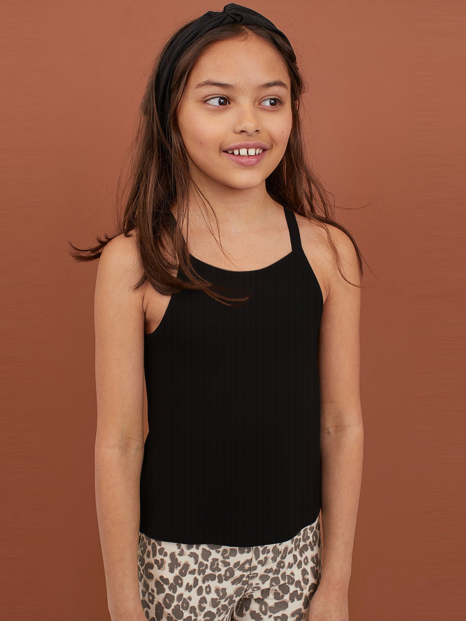 Next Rib Seleeveles Top For Girls-Black-RT728