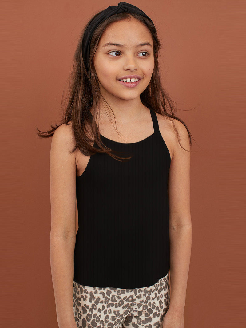 Next Rib Seleeveles Top For Girls-Black-RT728