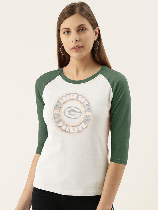 NFL Raglan Sleeve Crew Neck Tee Shirt For Ladies-White & Green-AN2627