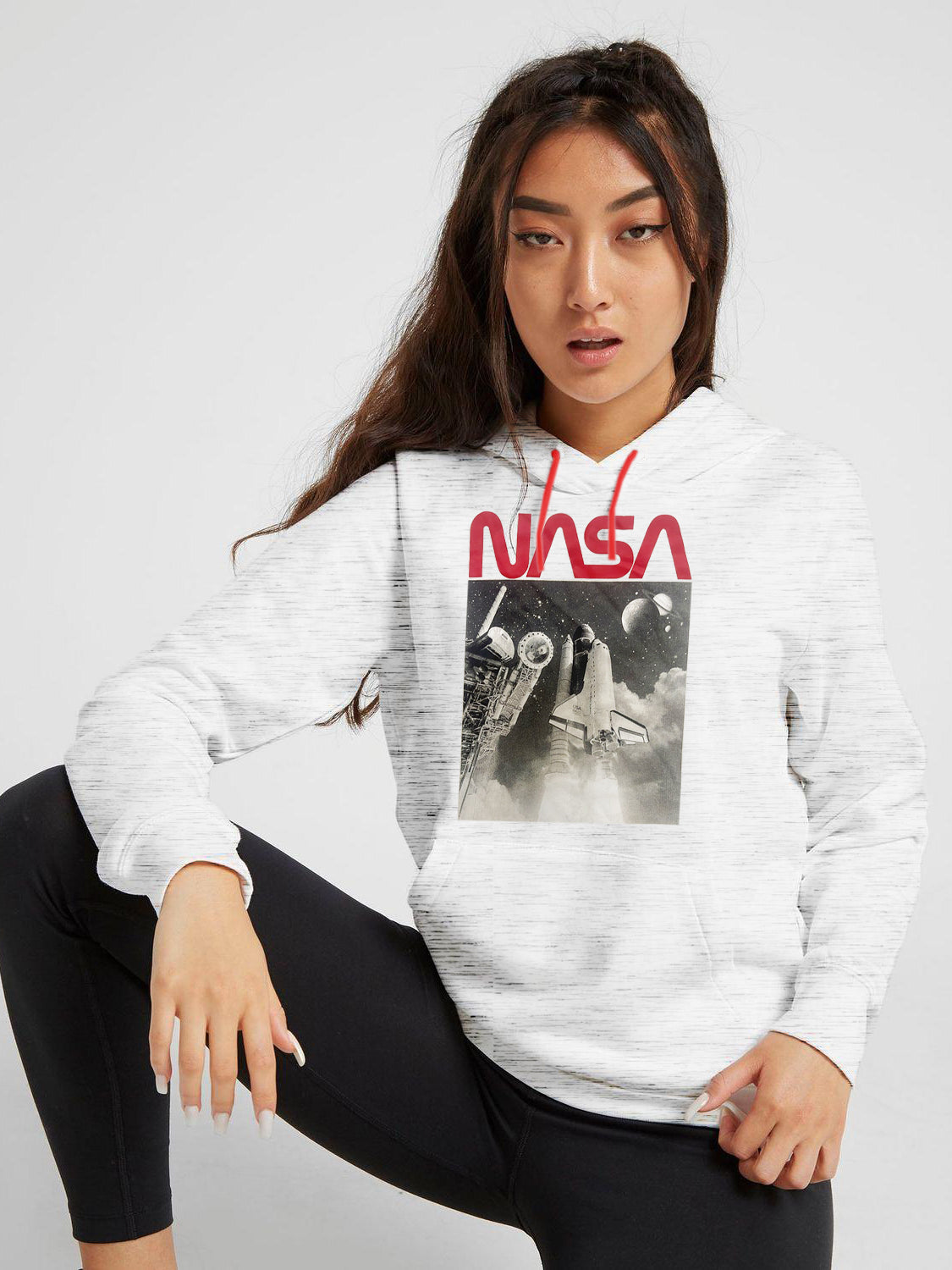 Wound up Fleece Pullover Hoodie For Women-Off White Melange-RT1085