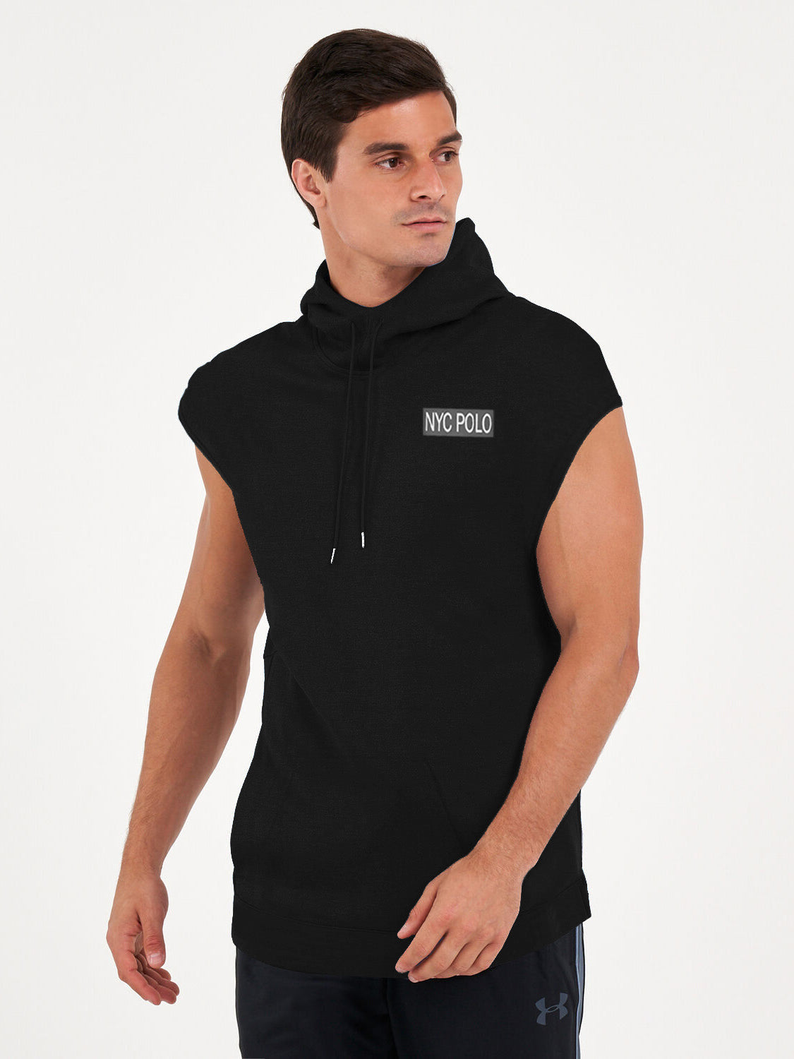 Nyc Polo Fleece Cowl Neck Sleeveless Hoodie For Men-Black-RT2369