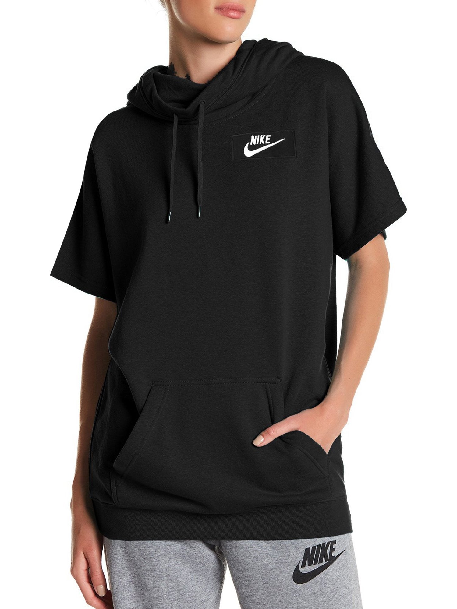NK Fleece Short Sleeve Hoodie For Ladies-Black-RT936