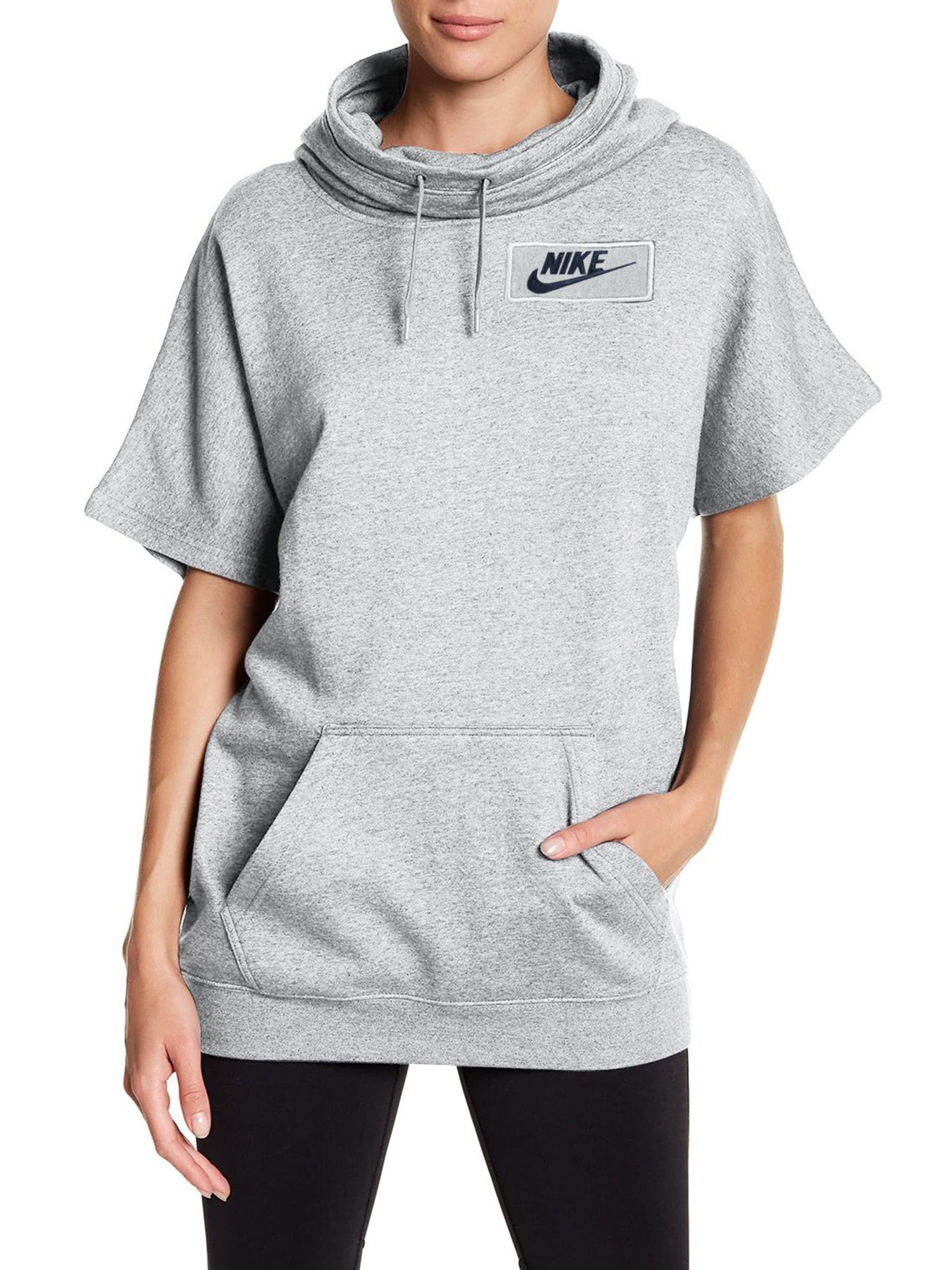 NK Fleece Short Sleeve Hoodie For Ladies-Grey Melange-BR123