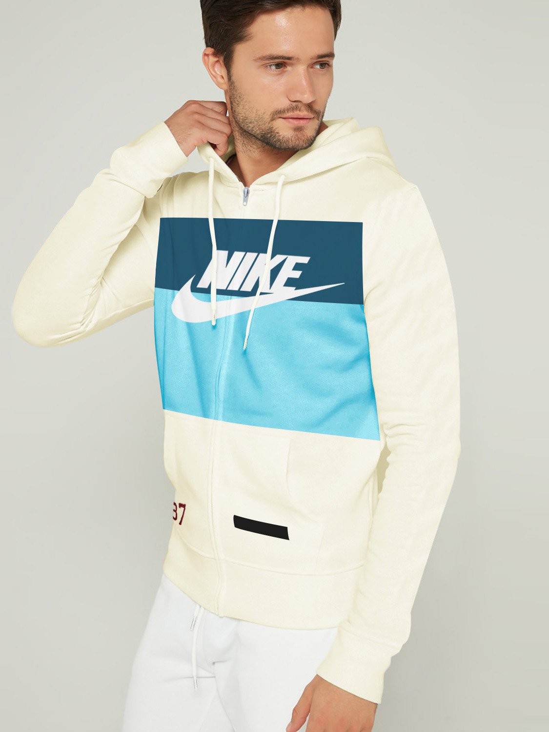 NK Slim Fit Stretchable Zipper Hoodie For Men-Light Yellow with Dark Zinc & Sky Panel-BE11042
