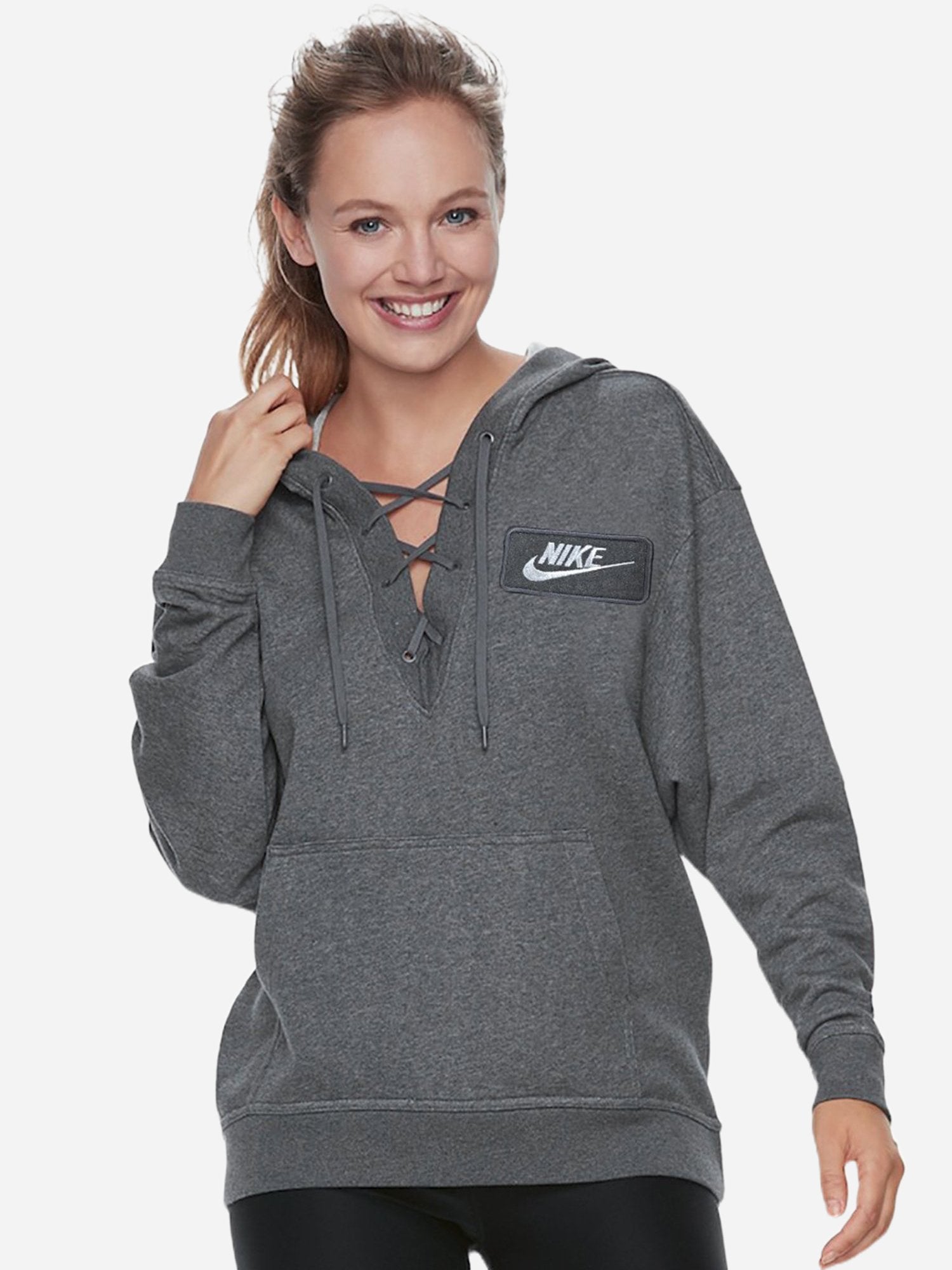 NK Terry Fleece Lace Up Hoodie For Ladies-Charcoal Melange-BE10458