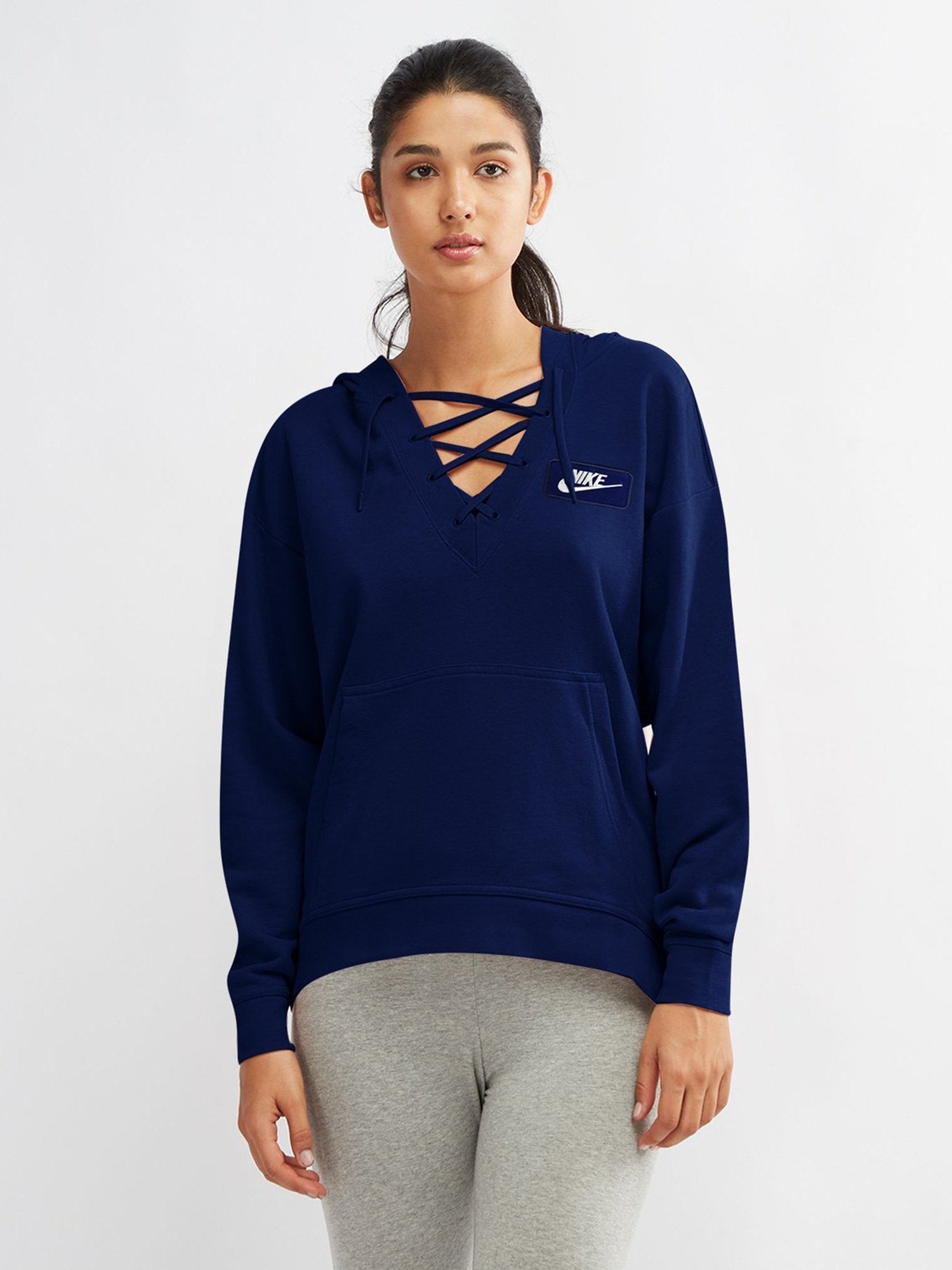 NK Terry Fleece Lace Up Hoodie For Ladies-Dark Royal Blue-BR116