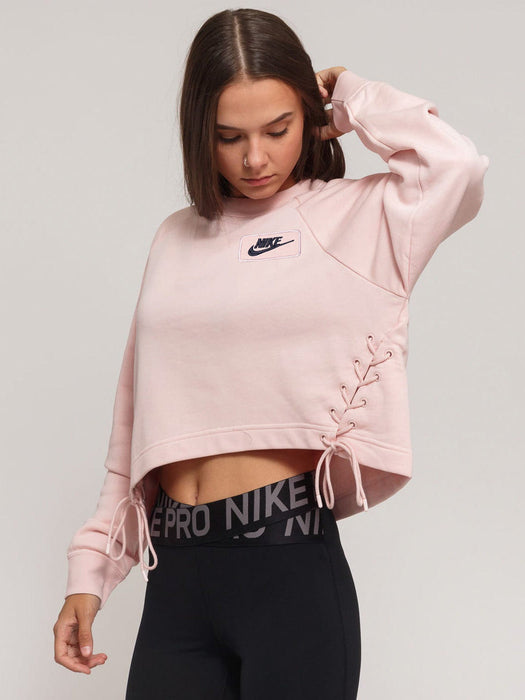 NK Terry Fleece Raglan Sleeve Crop Lace Up Sweatshirt For Women-Light Pink-BR133