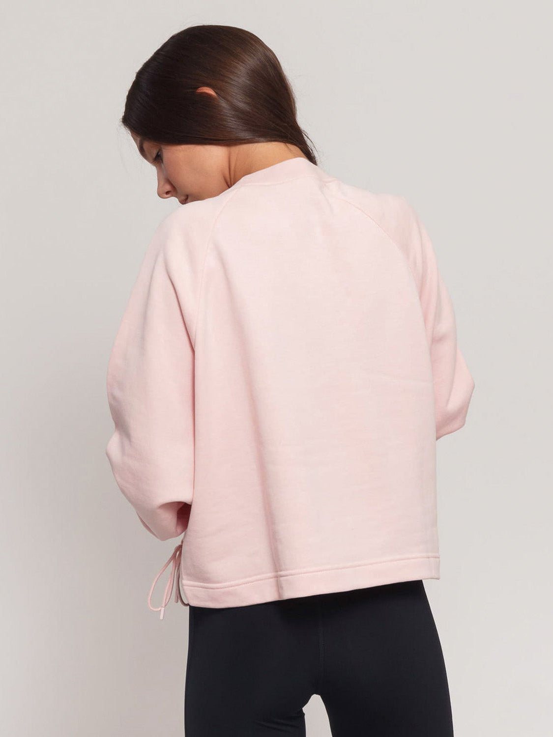 NK Terry Fleece Raglan Sleeve Crop Lace Up Sweatshirt For Women-Light Pink-BR133