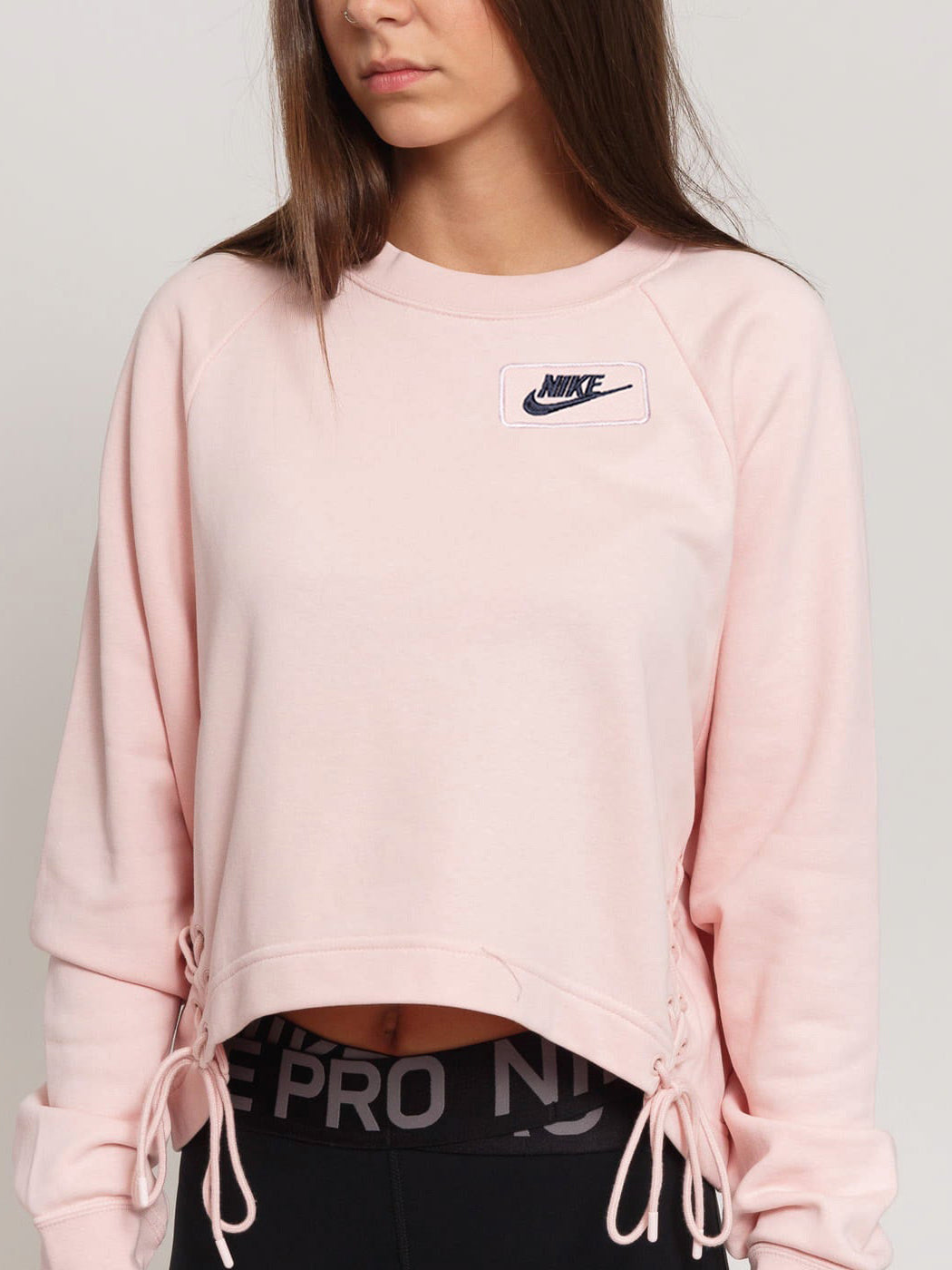 NK Terry Fleece Raglan Sleeve Crop Lace Up Sweatshirt For Women-Light Pink-BR133