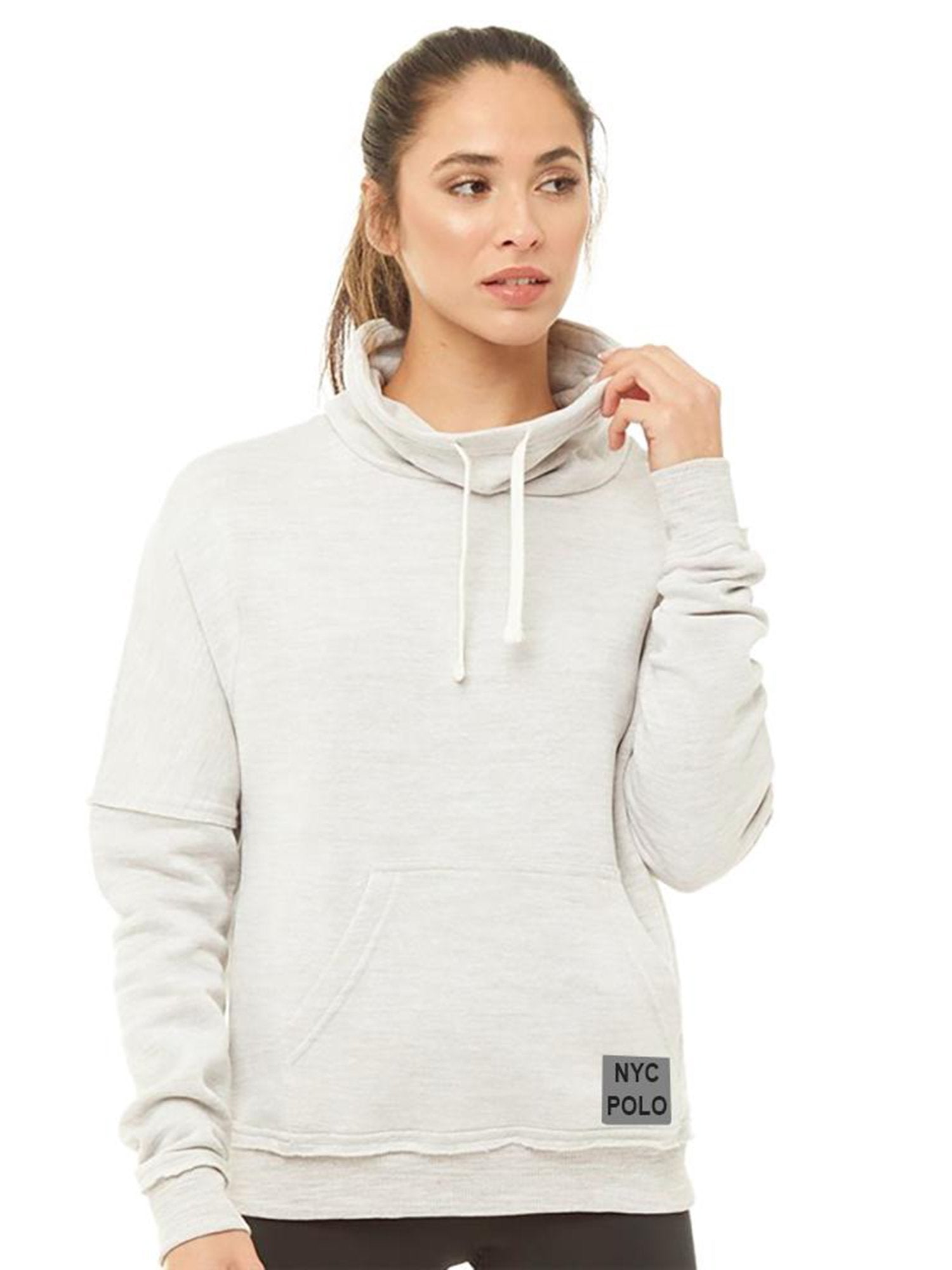 NYC Polo Fleece Cowl Neck Hoodie For Ladies-Wheat Melange-BE13780