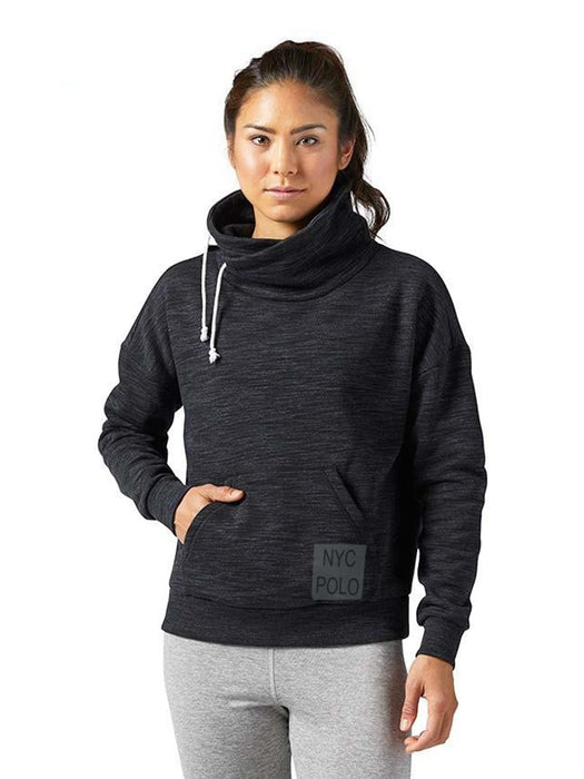 NYC Polo Terry Fleece Cowl Neck Hoodie For Ladies-Black Melange-BE13845