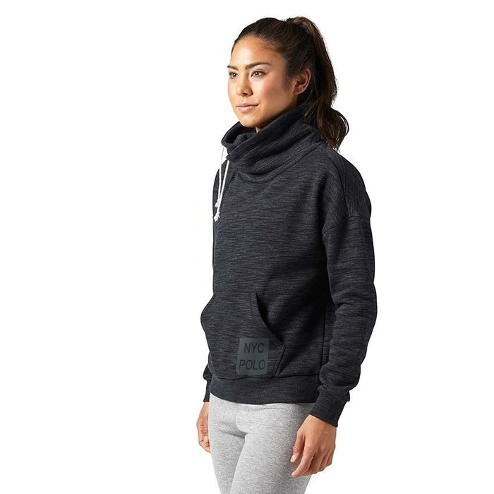 NYC Polo Terry Fleece Cowl Neck Hoodie For Ladies-Black Melange-BE13845