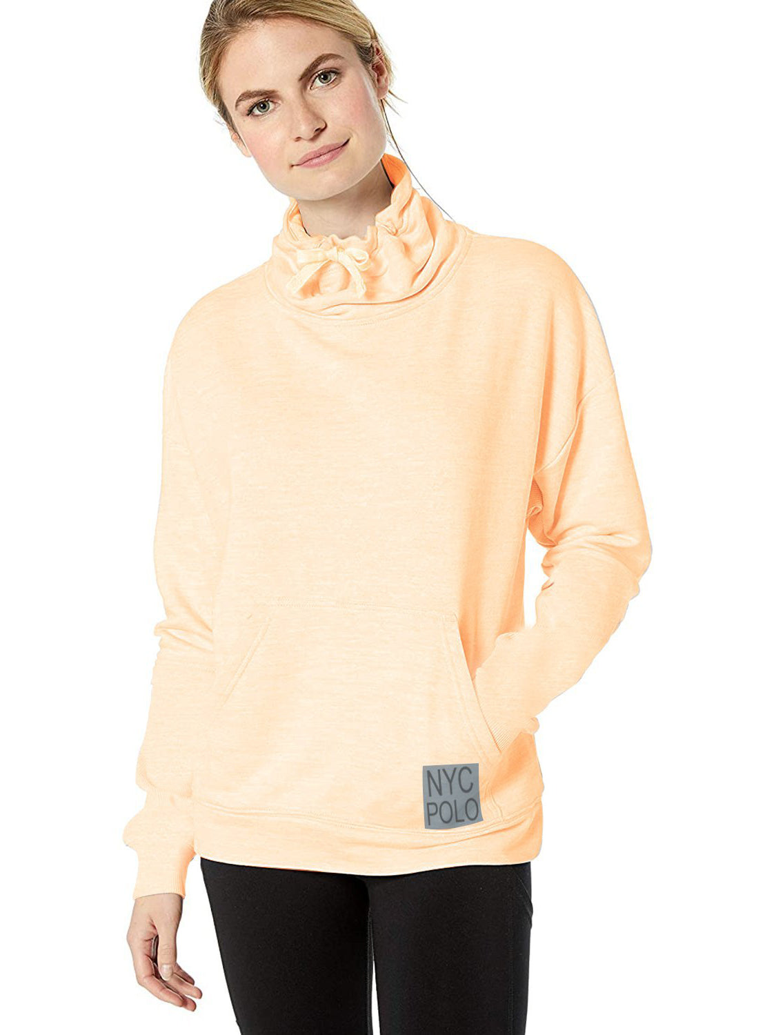 NYC Polo Terry Fleece Cowl Neck Hoodie For Ladies-Light Peach-BE13733
