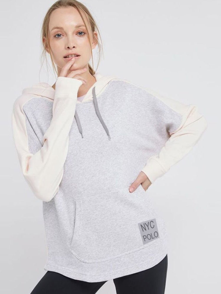 NYC Polo Terry Fleece Essential Pullover Hoodie For Ladies-Skin with Grey Melange-RT895