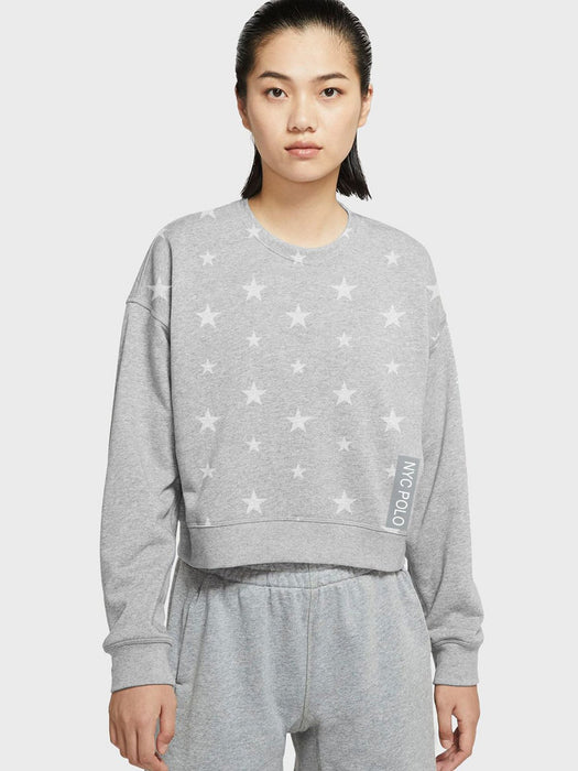 NYC Polo Terry Fleece Sweatshirt For Ladies-Grey Melange with Stars Print-BE13860