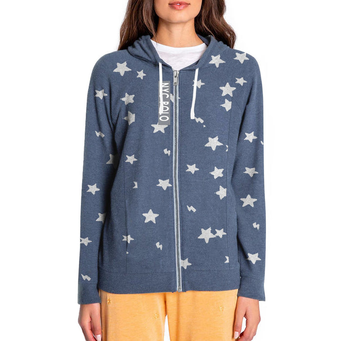 Terry Fleece Zipper Hoodie For Ladies-Navy Melange with Stars Print-BE12910