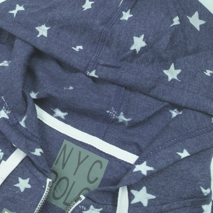 Terry Fleece Zipper Hoodie For Ladies-Navy Melange with Stars Print-BE12910