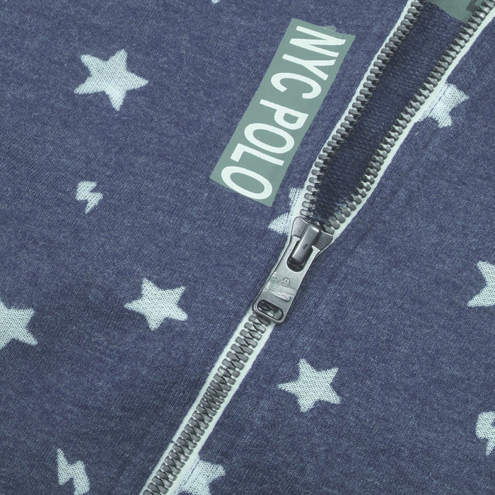 Terry Fleece Zipper Hoodie For Ladies-Navy Melange with Stars Print-BE12910