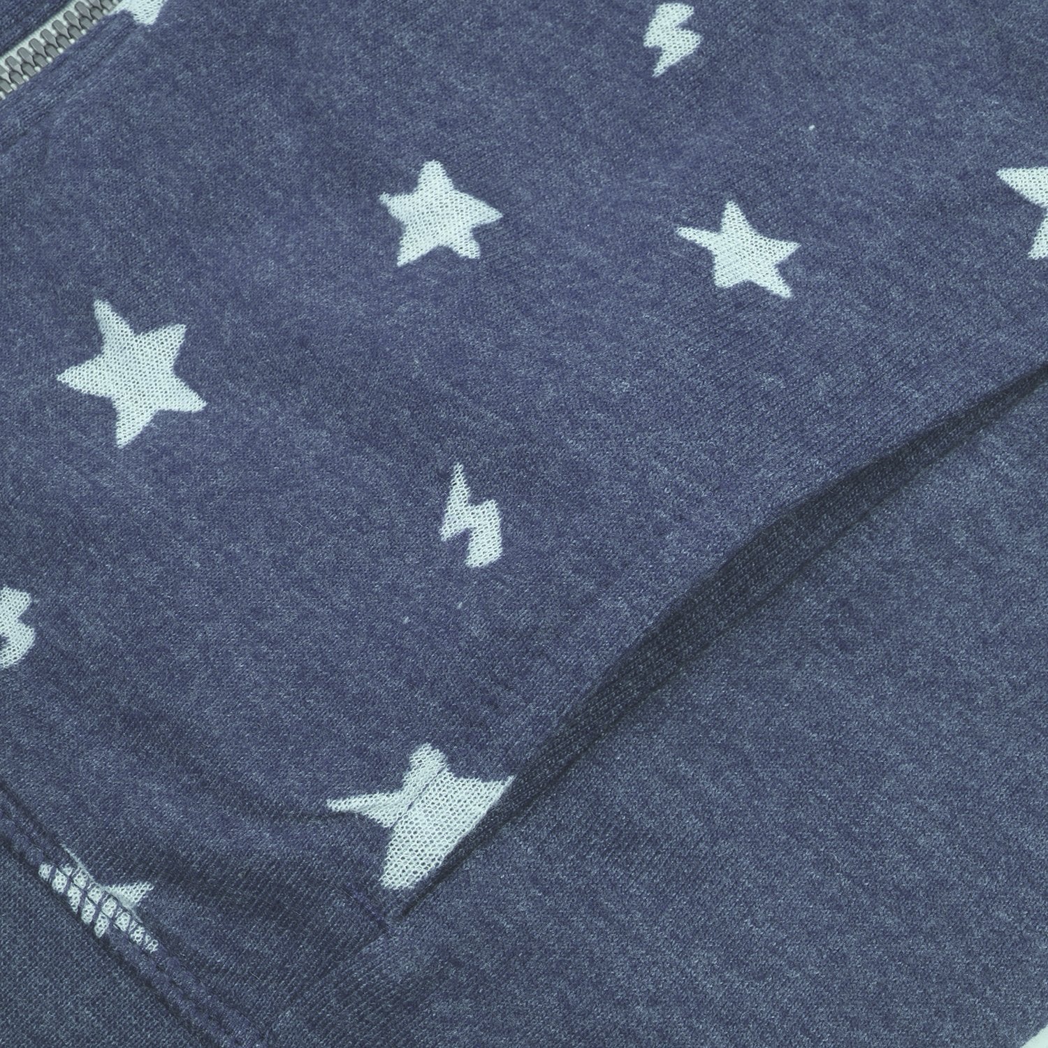 Terry Fleece Zipper Hoodie For Ladies-Navy Melange with Stars Print-BE12910