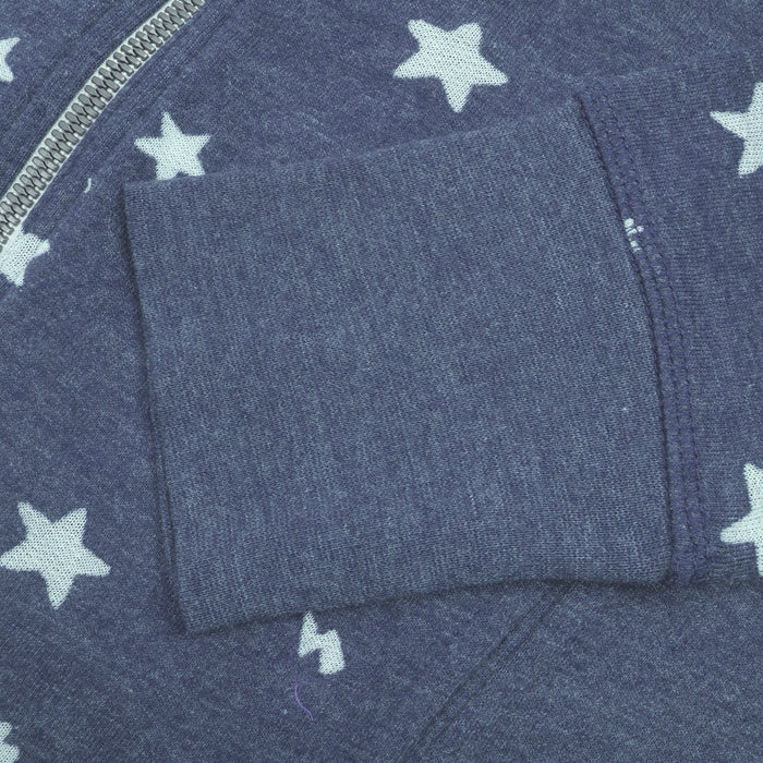 Terry Fleece Zipper Hoodie For Ladies-Navy Melange with Stars Print-BE12910