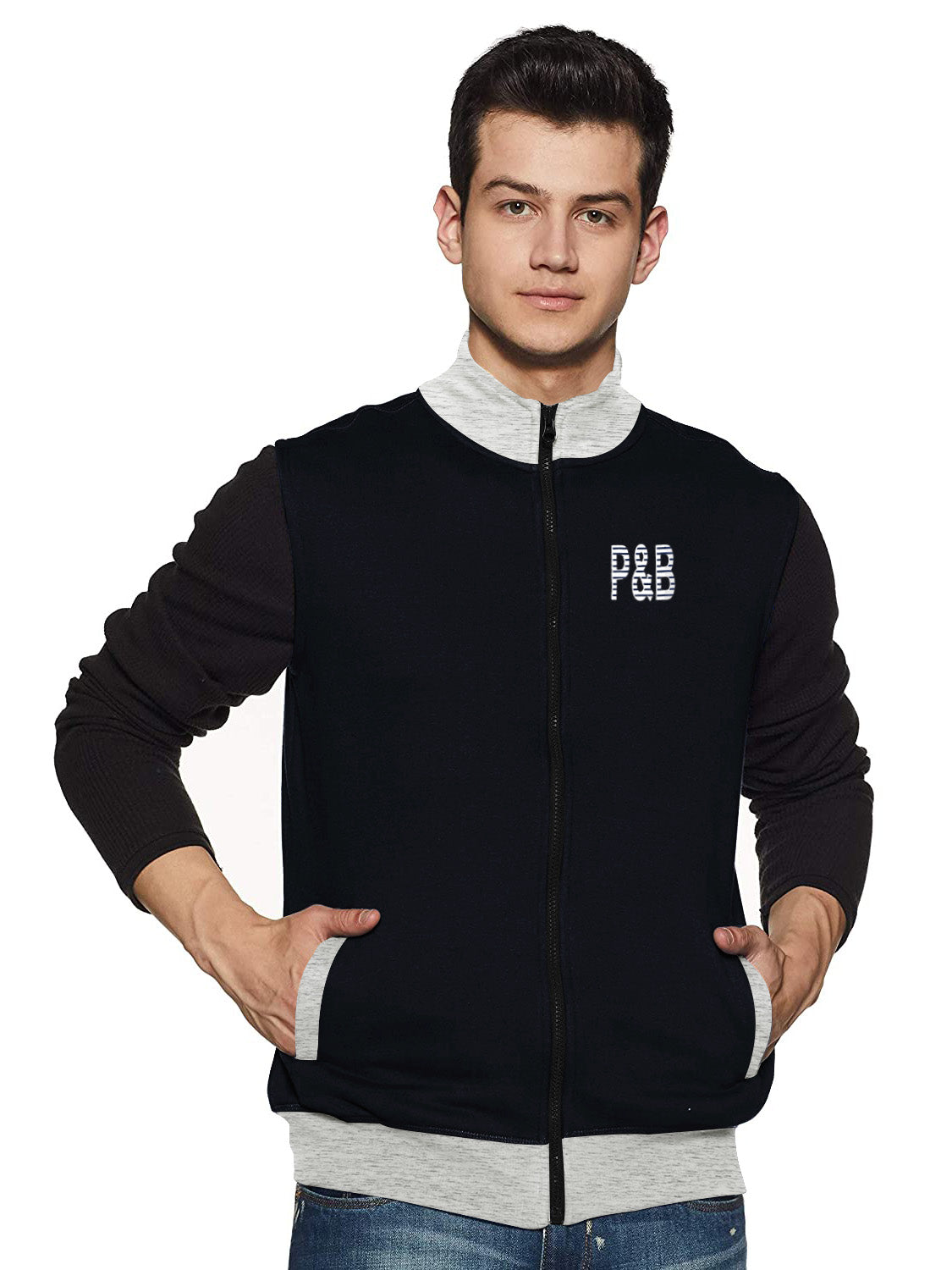 P&B Sleeveless Mock Neck Zipper Jacket For Men-Dark Navy & Grey Melange-RT170