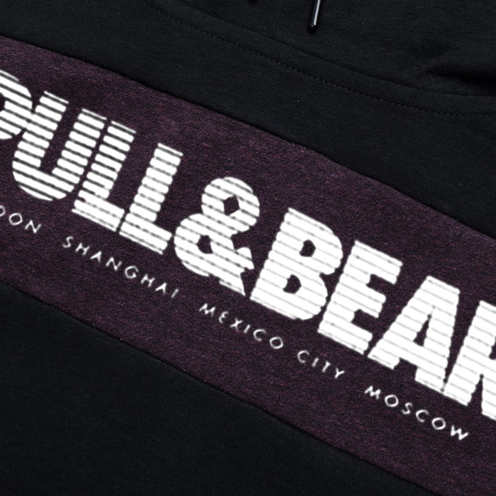 P&B Fleece Pullover Hoodie For Men-Black with Burgundy Melange Panel-BE13174