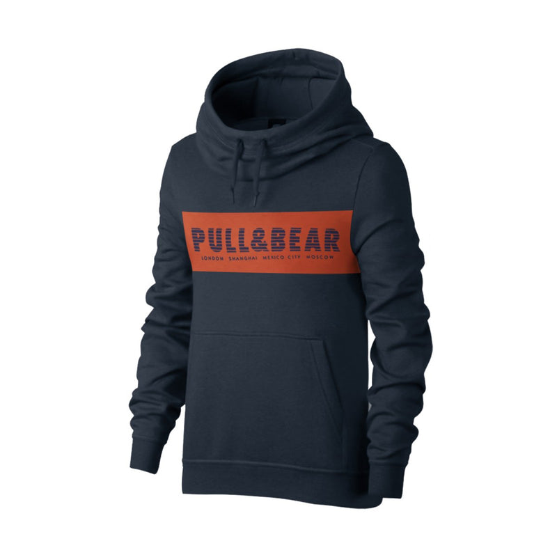 P&B Fleece Pullover Hoodie For Men-Dark Mid Navy with Orange Panel-BE13827
