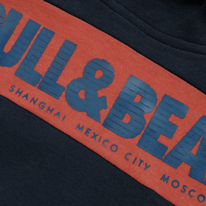 P&B Fleece Pullover Hoodie For Men-Dark Mid Navy with Orange Panel-BE13827