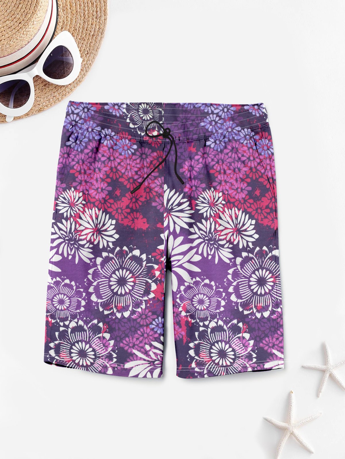 Next Summer Signle Jersey Short For Men-Allover Purple Blue Flower Print-BE14500