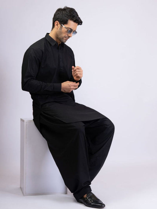 Unstitched Cotton Suit For Men-Black-AN4003