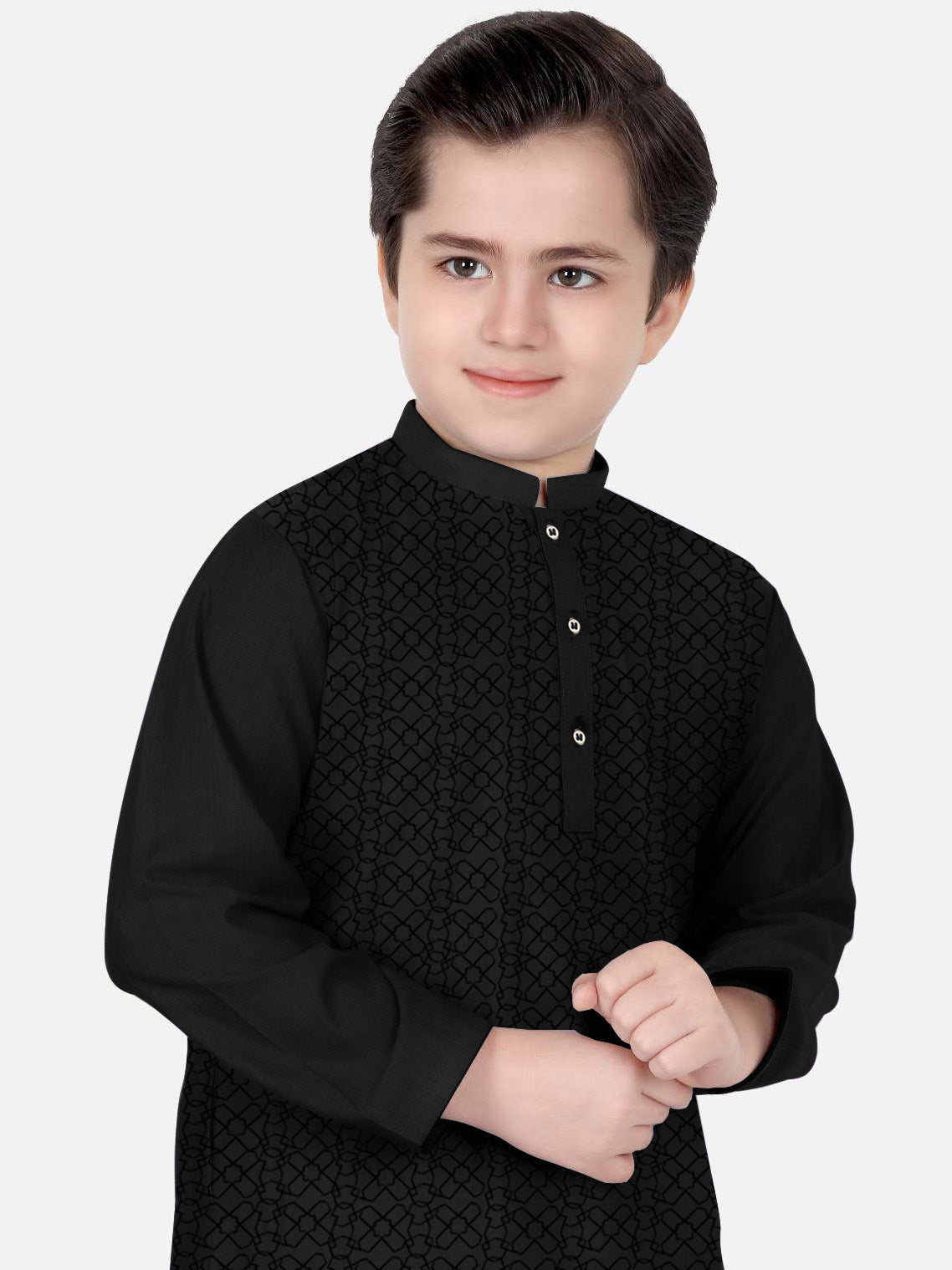 Stitched Kurta For Kids-Black Allover Textured-VL0043